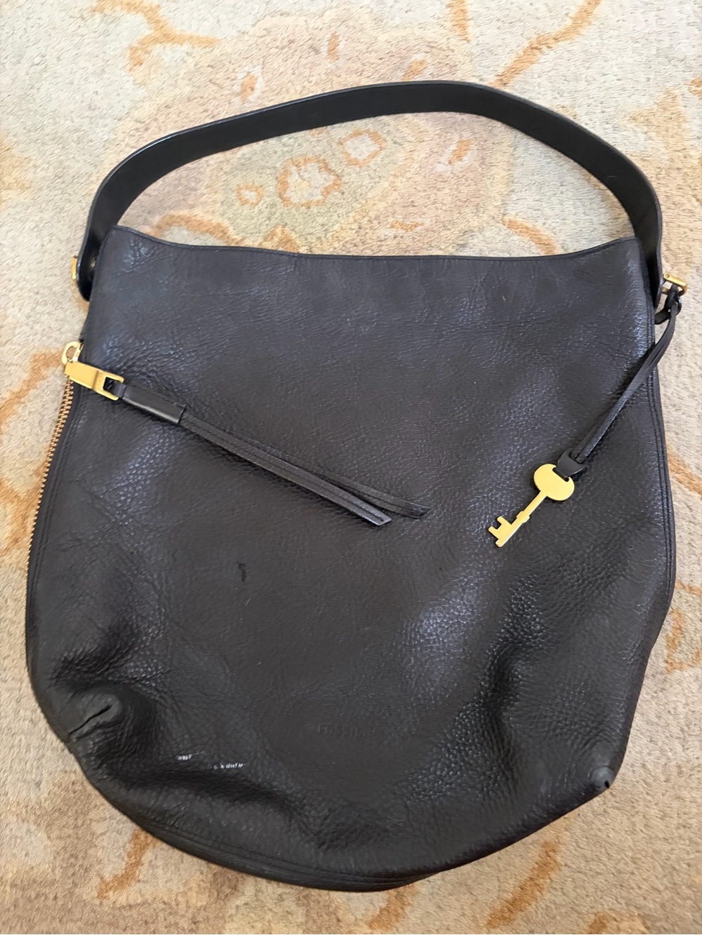 Fossil Black Leather Shoulder Hobo Bag with Gold Accent